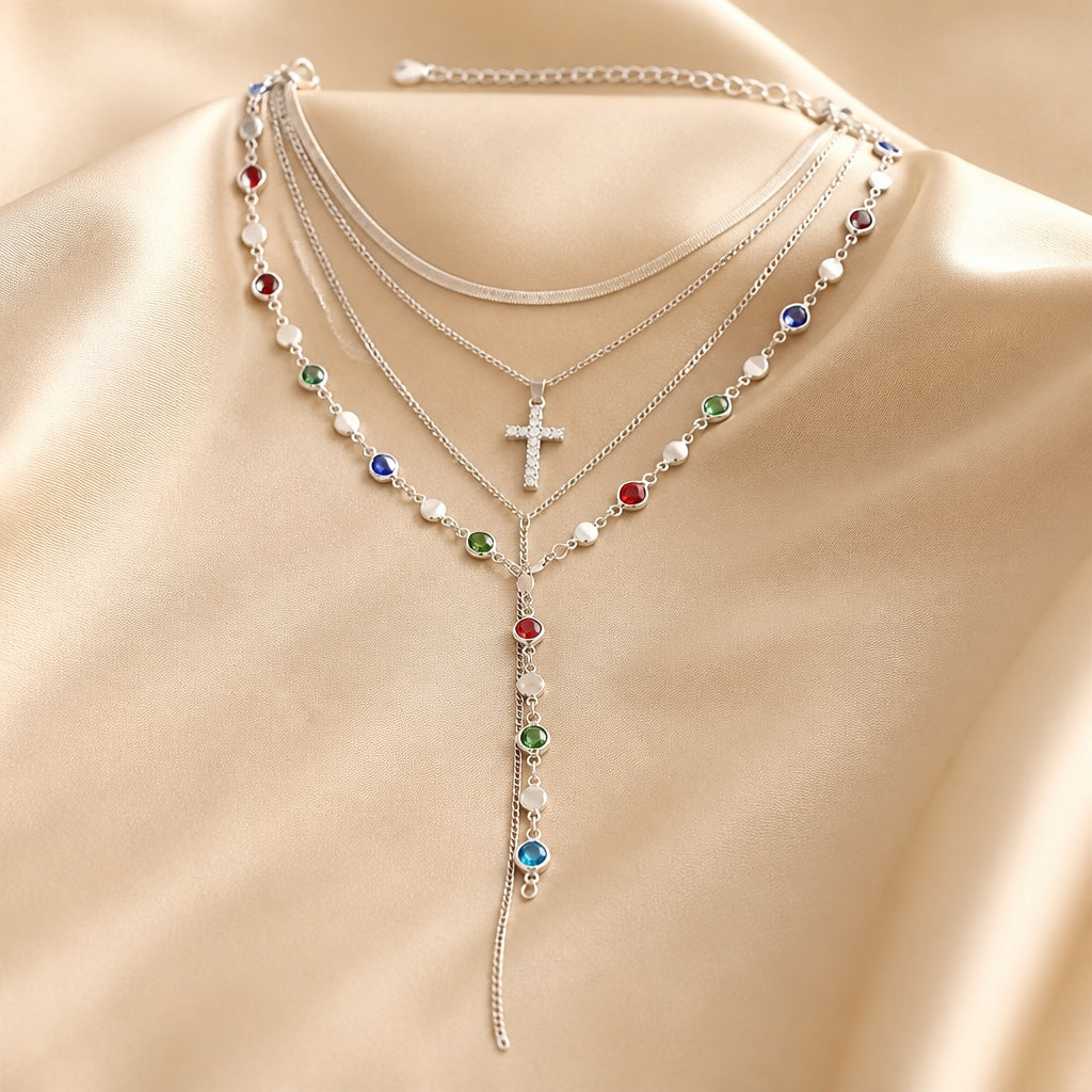 Juego de collar y pendientes de oro blanco con piedras multicolores